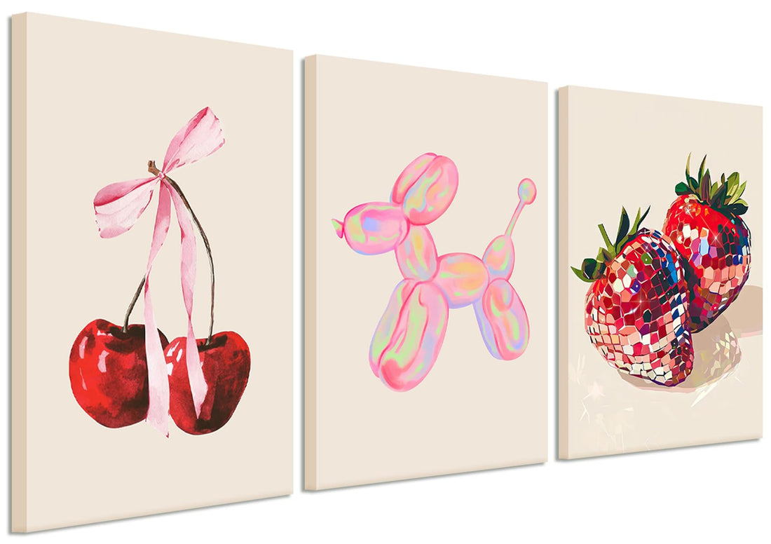 Funky Pink Fruit Canvas Wall Art Set of 3, Red Disco Strawberry and Cherry Wall Decor Painting, Cute Preppy Balloon Dog Posters Prints for Living Room Girls Bedroom Home Decor 12x16 In Framed