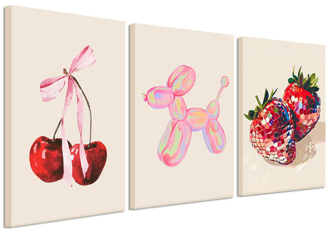 Funky Pink Fruit Canvas Wall Art Set of 3, Red Disco Strawberry and Cherry Wall Decor Painting, Cute Preppy Balloon Dog Posters Prints for Living Room Girls Bedroom Home Decor 12x16 In Framed
