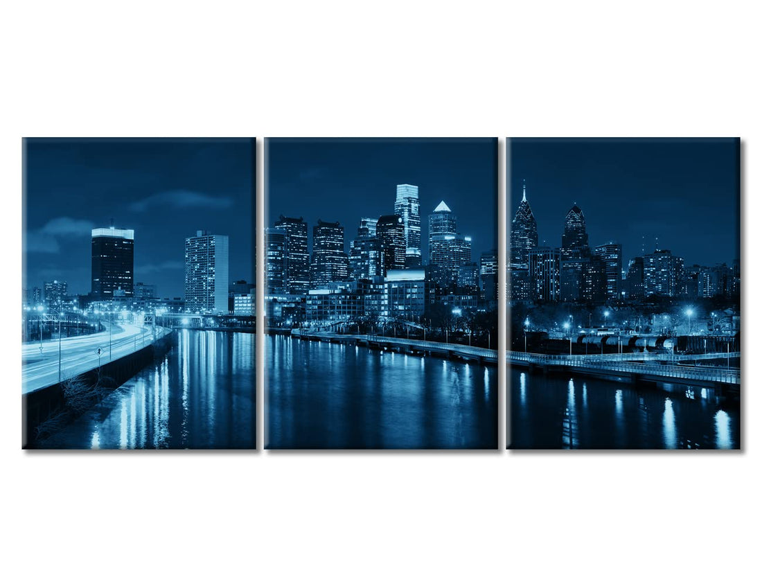 TUMOVO 3 Pieces Philadelphia Urban Landscape Canvas Wall Art City Skyline Modern Picture Prints Cityscape Painting Artwork for Home Decor Stretched and Framed Ready to Hang - 36"x16"Inch