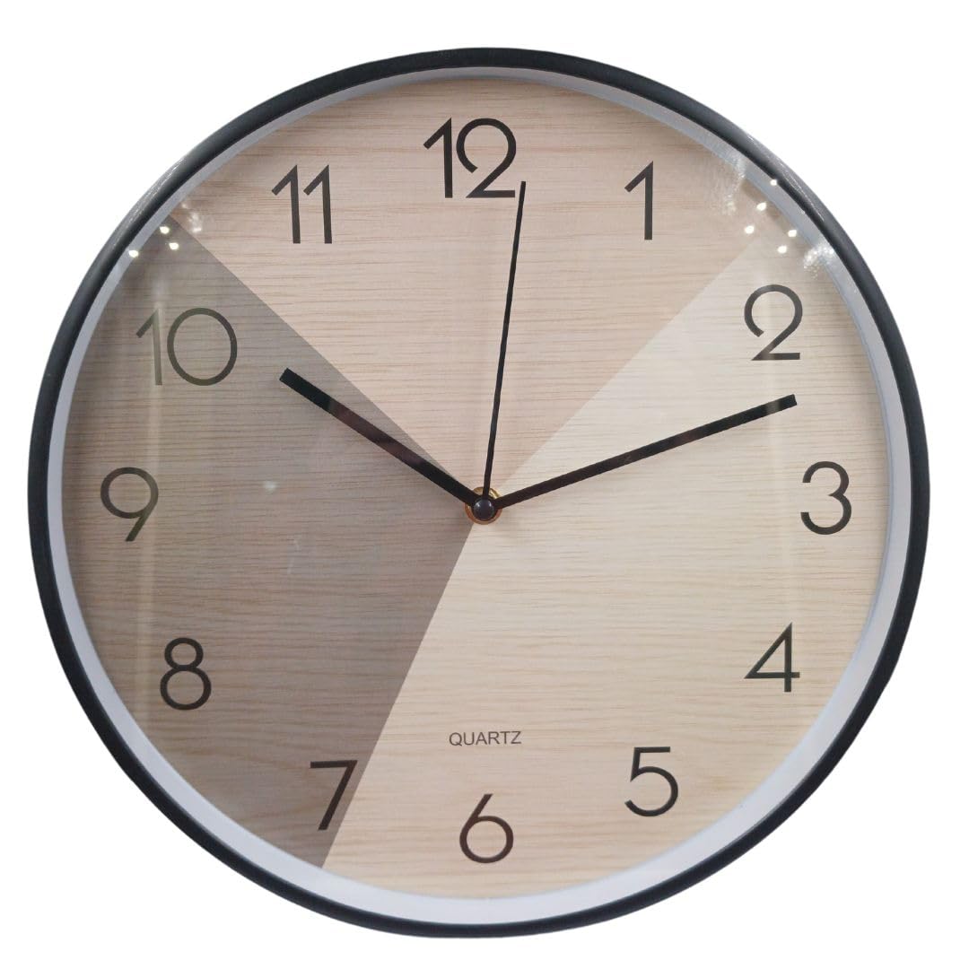 Modern decorative round quartz wall clock large analoge display battery operated for homes and offices 30Cm 3 wood degrees background with black frame - ck7