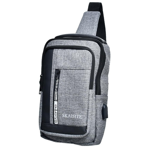 Skaisite Large Leather Two Zipper Cross Bag With Front Zipper Pocket And USB Charging For Men - Grey Black