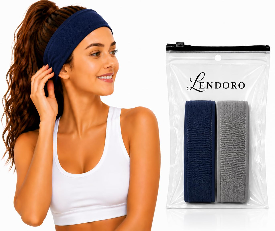 LENDORO Fashion Wide Headbands, Soft Fabric, 7cm, 2 Pack, Stretchy Hair Bands for Makeup, Yoga, Running, Sports (2, Navy+Grey)