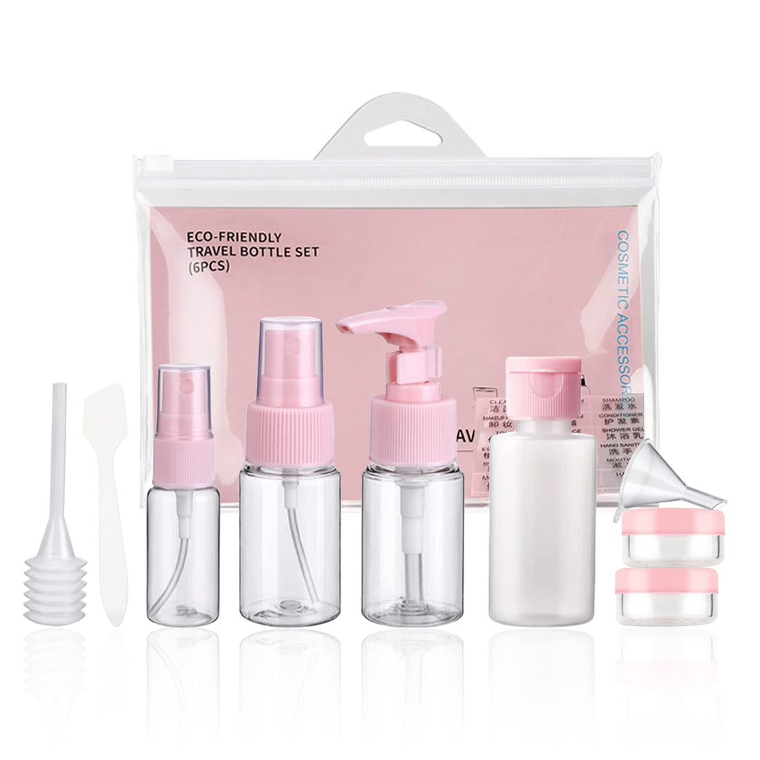 Grantop Travel Bottles Set, 11 Pcs Set Cosmetics Travel Bottle, Leak Proof Squeezable containers & Spray Bottles with Labels Dropper funnel for Filling (Pink-11Pcs)