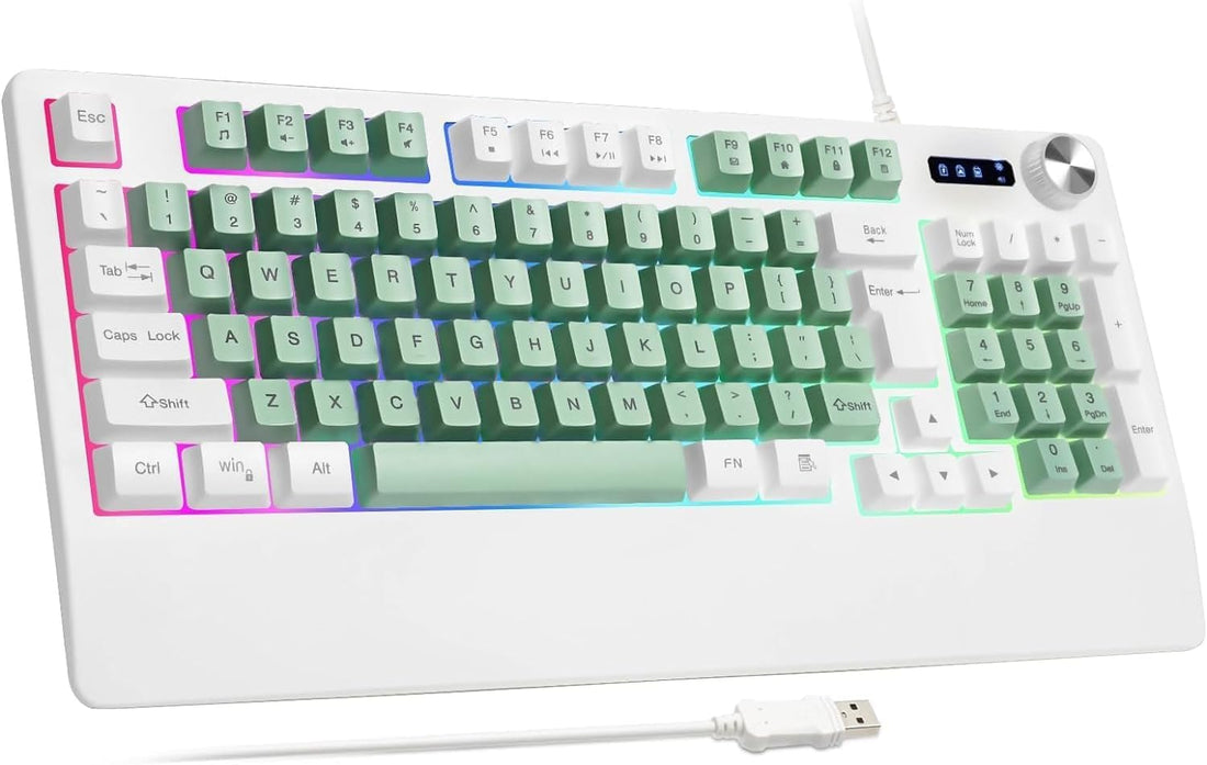 Gaming Keyboard USB Wired RGB LED Backlit Multimedia Volume Knob Wrist Guard Shatterproof Ergonomic Design Fit PC Xbox PS Series Desktop Green White