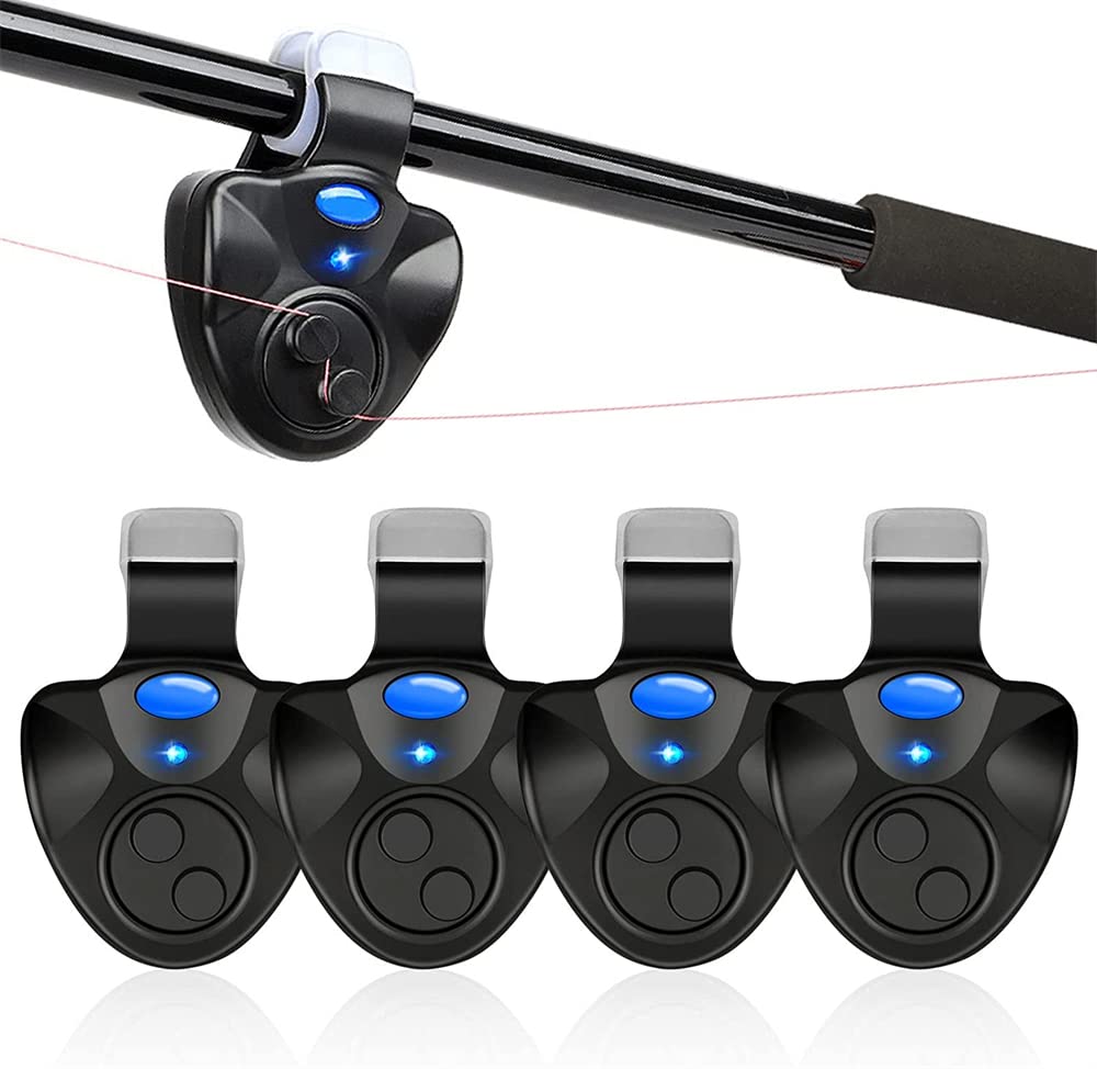 4 PCS Fishing Bite Alarm, Sensitive Electronic Fishing Bite Sound Alarm, Indicator Sound Bite Alert Bell with LED Lights Fishing Bells Clip On Fishing Rod, Daytime Night Carp Fishing Outdoor (Black)
