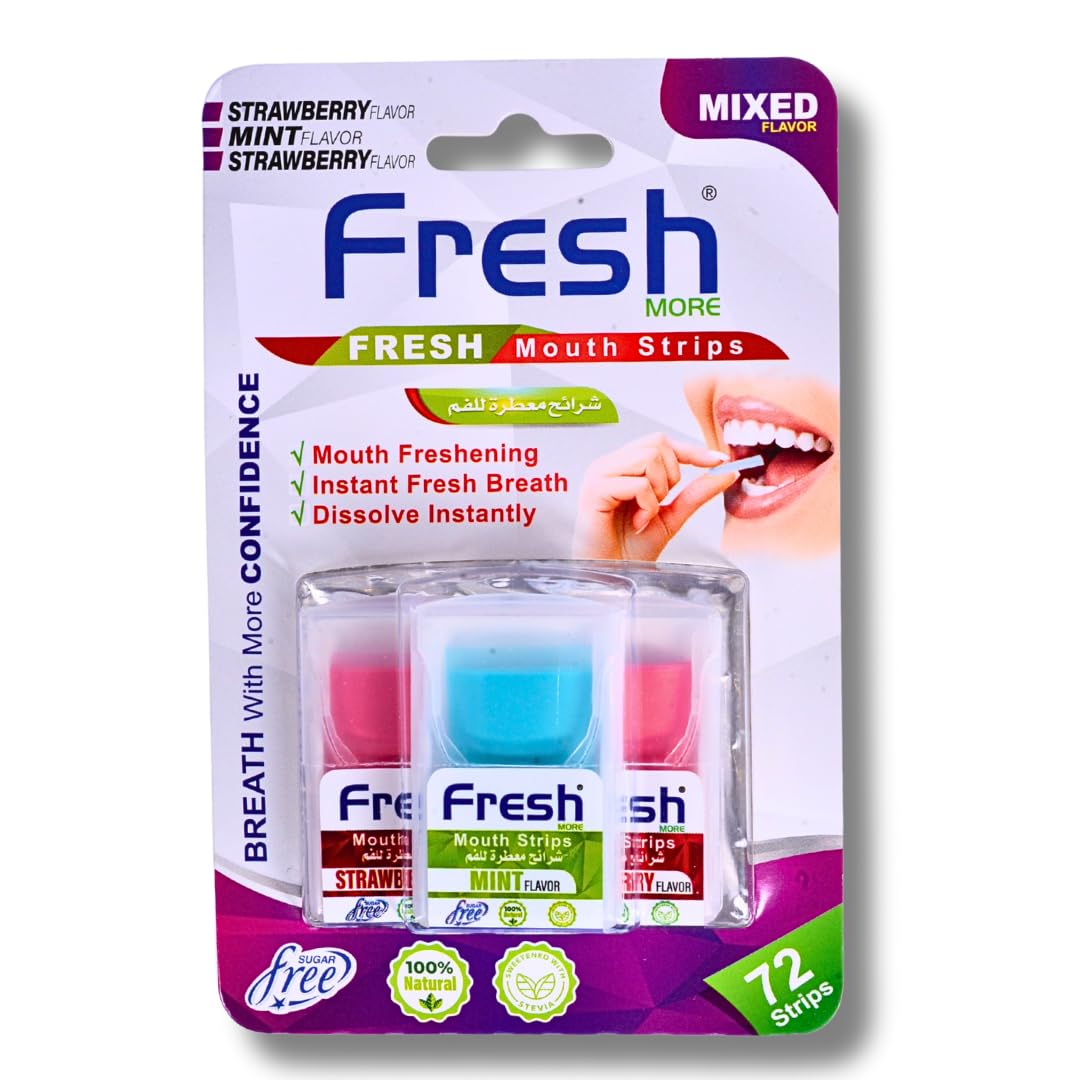 Fresh More Breath Strips for Bad Breath, Instant Mouth Breath Freshener, 72 Strips, Sugar-Free, All Natural, Stevia Sweetened, Pocket Size for Travel, Meetings (2 Strawberry, 1 Mint, 1 Pack)