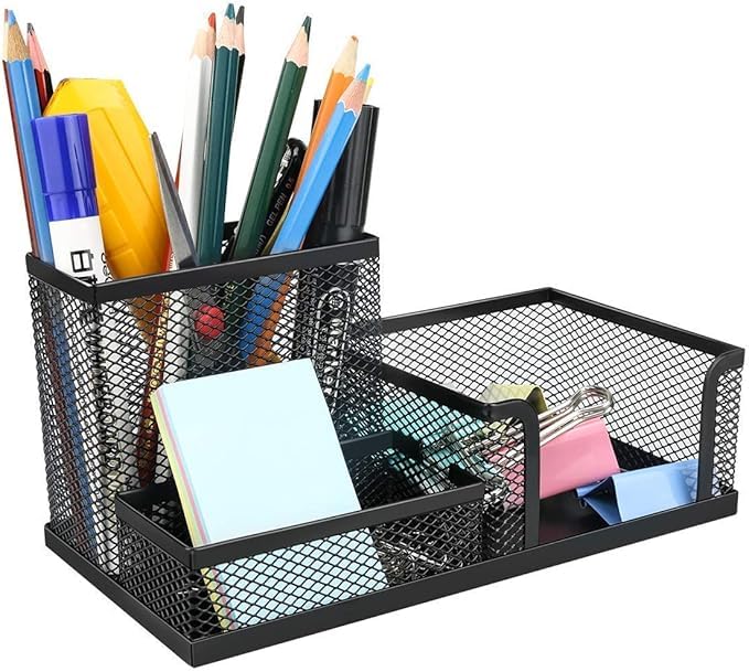 Metal Mesh Pen Holder Desktop Organizer Storage Accessories Home School - Black 3 Sections