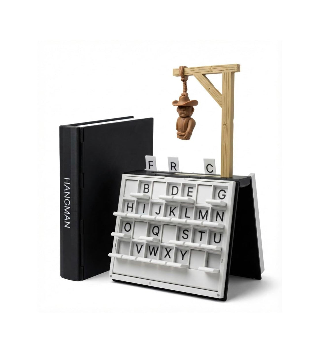 PlayBook'd Board Games Collection, Book-Shaped Design, 4 Games - Chess, Backgammon, Sea Battle, Four in a Row, Portable Travel Games, Decorative Storage (hangman)