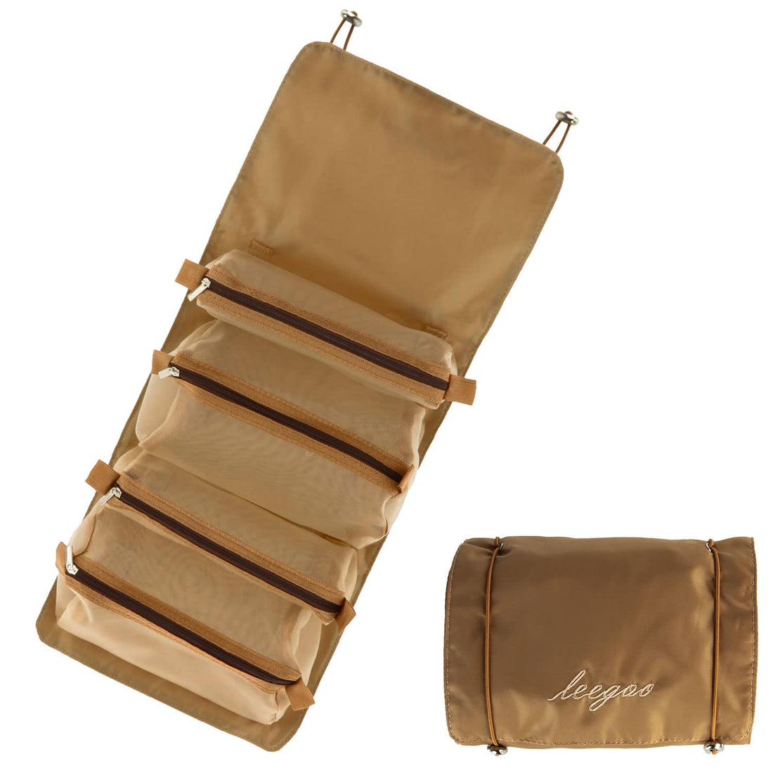 Acecharming Hanging Roll-Up Makeup Bag,4-in-1 Foldable Toiletry Bag for Travel, Removable Storage Bags, Travel Cosmetic Organizer Bag for Women/Men, Khaki