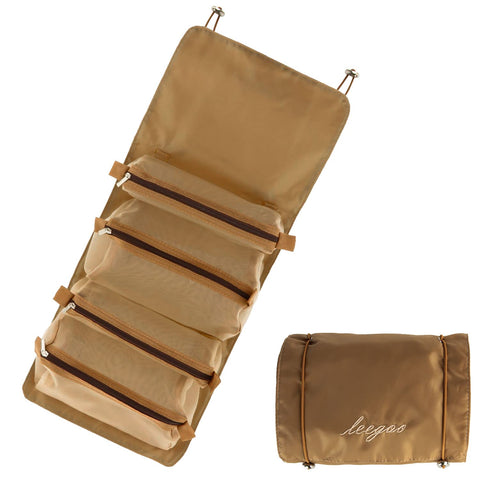 Acecharming Hanging Roll-Up Makeup Bag,4-in-1 Foldable Toiletry Bag for Travel, Removable Storage Bags, Travel Cosmetic Organizer Bag for Women/Men, Khaki