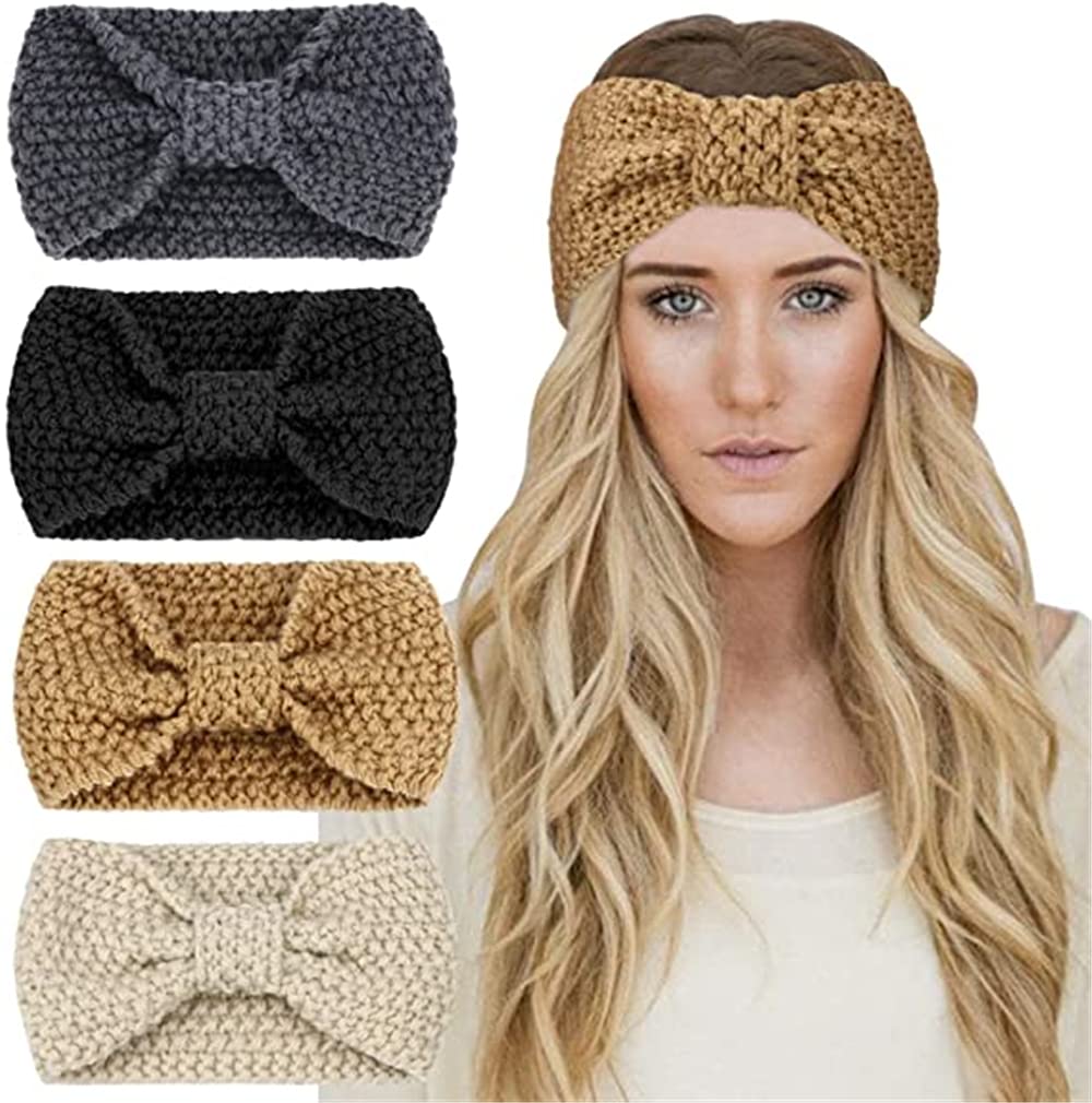 DELFINO Knitted Hairband, Crochet Turban Headband for Women Girls Warm Bulky Crocheted Headwrap Accessories for Women and Girls Cute Knot Hair