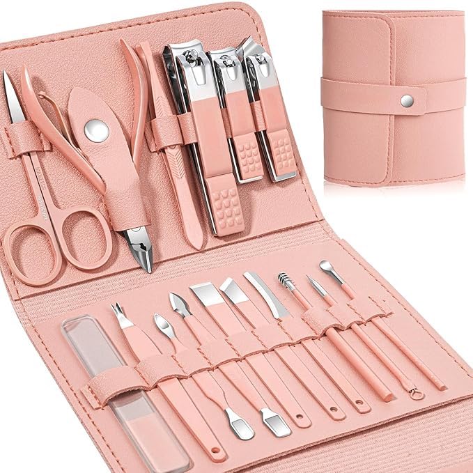 Manicure Set Professional 16 Pieces Stainless Steel Manicure Set with Luxury Leather Case Travel Thick Nails Gifts for Women (Multicolor)