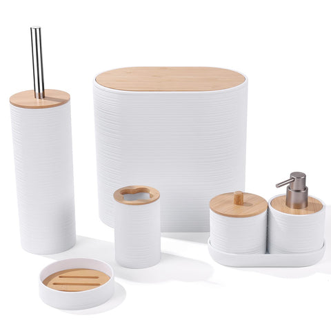 Bamboo Bathroom Accessories Set with Trash Can, Vanity Tray ,Tumbler, Qtip Holder, Soap Dispenser, Soap Dish, Toilet Brush, White