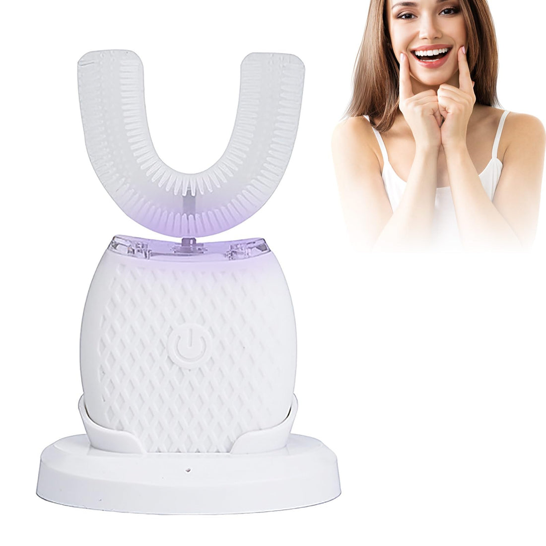 Ultrasonic Toothbrush, 360° Automatic Ultrasonic Electric Toothbrush, Electric Ultrasonic Toothbrush for Adults with 1 U-shaped Silicone Brush Head, 3 Intensity Levels IPX7 (White)