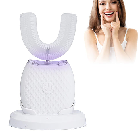 Ultrasonic Toothbrush, 360° Automatic Ultrasonic Electric Toothbrush, Electric Ultrasonic Toothbrush for Adults with 1 U-shaped Silicone Brush Head, 3 Intensity Levels IPX7 (White)