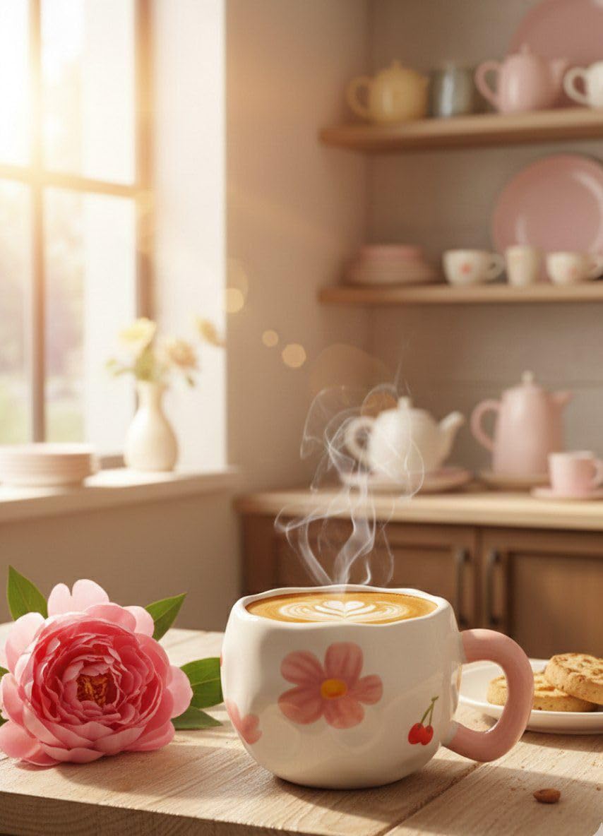 Rose Ceramic Mug with Rose Handle - Hand Painted Cute Flower Latte Cappuccino Coffee Cup - Home Office Thermal Mug Perfect Gift for Girls Women Multicolor