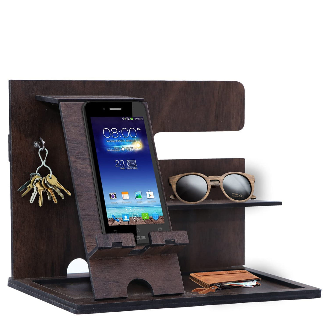 Wood Phone Docking Station, Wooden Desk Organizer Organizer,Sturdy Unique Nightstand Bedside Watch Stand Wallet Desk Organizer,Charging Station Gifts for Men Dad