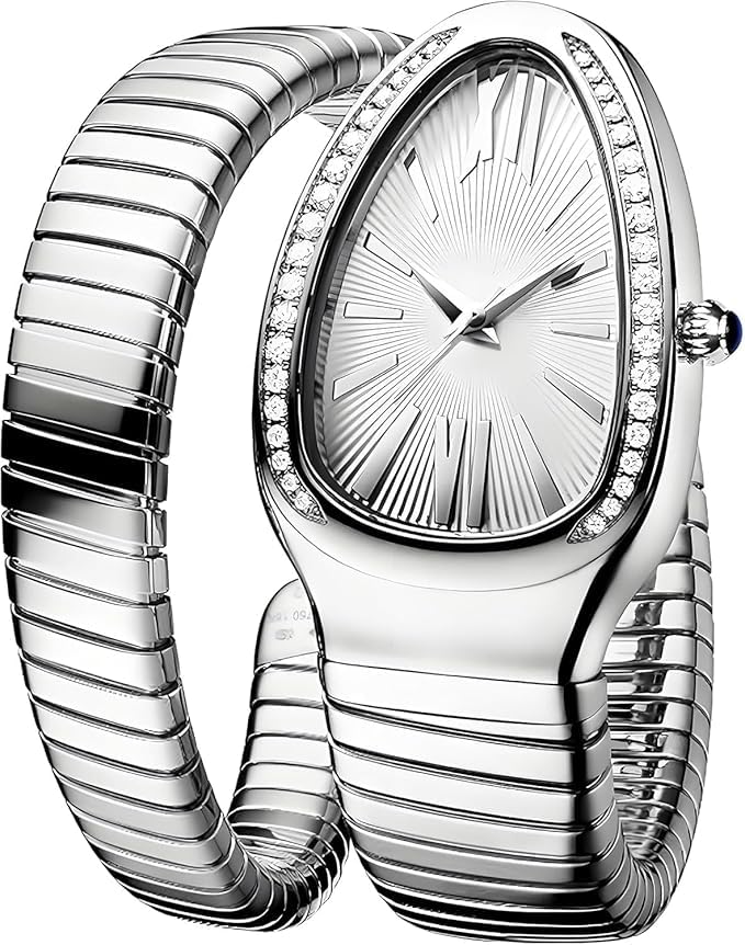 Luxury Women's Snake Watch, Silver, Stainless Steel Case, Diamond Bezel and Wrap Bracelet