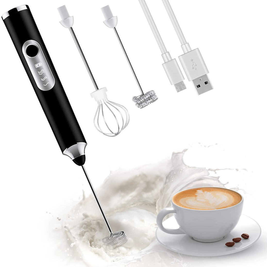 Cordless Electric Whisk for Frothing Milk and Eggs — Handheld Electric Coffee Frother with Rechargeable Battery for Preparing Lattes, Cappuccinos, and Hot Chocolate (White/Black)