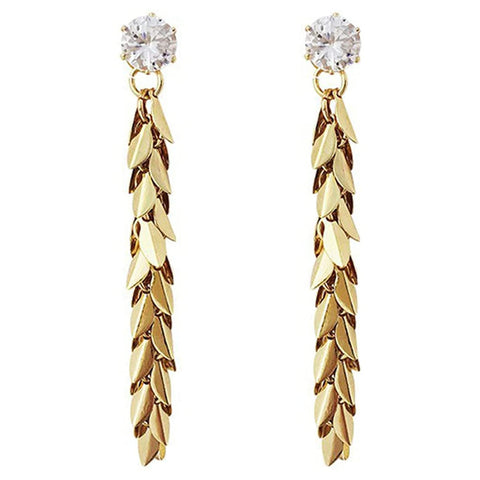 18K Gold Plated Bohemia Ethnic Vintage Zircon Wheat Leaf Tassel Long Earrings Elegant Gift For Girls Women By Julia Store