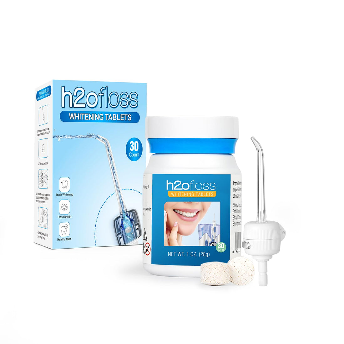 Whitening Water Flosser Refill Tablets with H2ofloss HF-9 Oral Irrigator Whitening Nozzle, Whitens Teeth Gently,Cinnamon (30 Count)