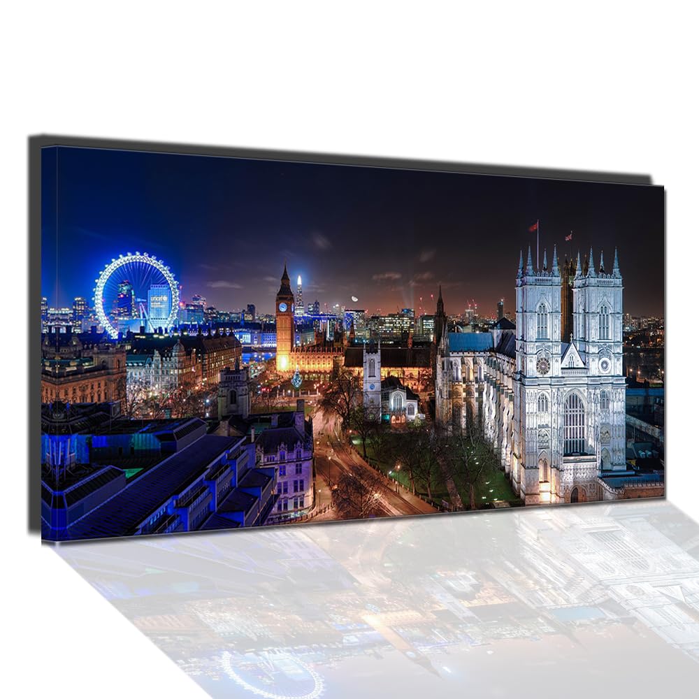 QBQT London Night Landscape Picture Canvas Wall Art for Home Decor Big Ben Cityscape Metropolis Artwork Office Living Room Wall Decor Large Framed 20x40inch Modern Architecture Master Bedroom Decor