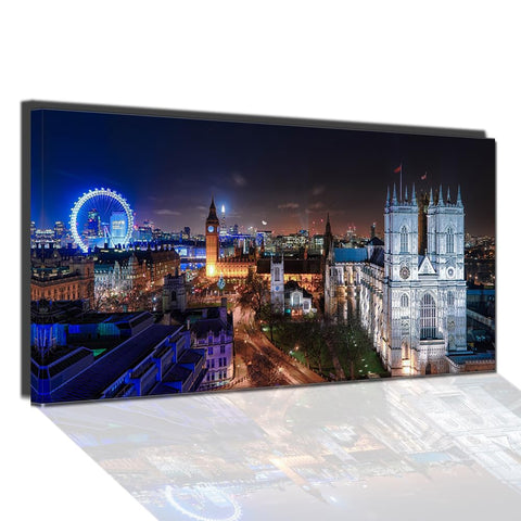 QBQT London Night Landscape Picture Canvas Wall Art for Home Decor Big Ben Cityscape Metropolis Artwork Office Living Room Wall Decor Large Framed 20x40inch Modern Architecture Master Bedroom Decor