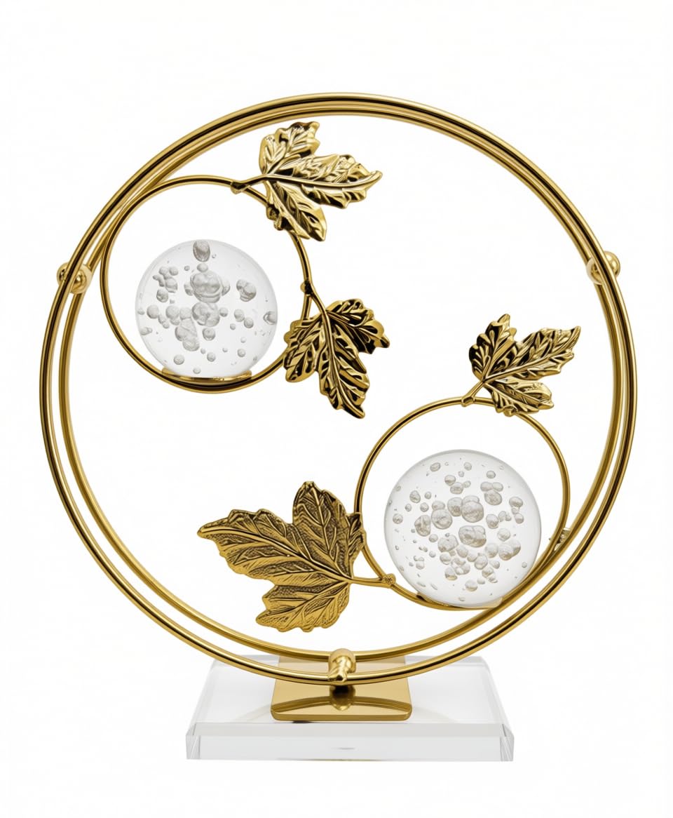 Gold Table Decor with Crystal Balls and Elegant Metal Leaves with Clear Base – Luxury Modern Decor Piece for Home Office Living Room
