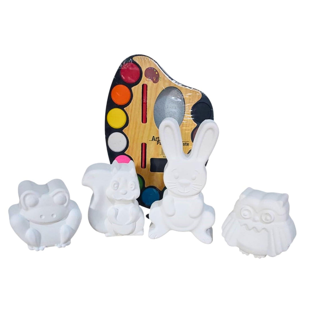 Gypsum Shapes (4 animals) for Coloring (Squirrel,Owl, Rabbit, Frog) +12-Color Watercolour Palette + Free Painting Brush. Encourage Children to Use their Imagination to Create Unique Works of Art.