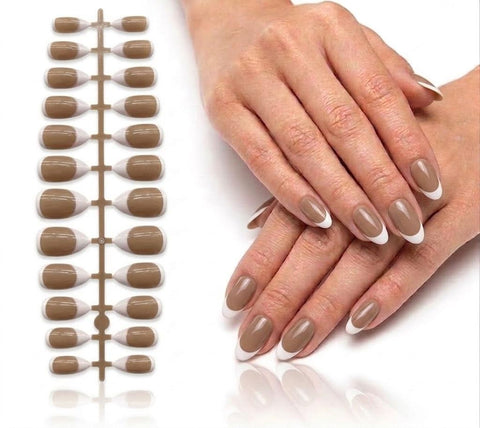 24pcs M Size Finished Design With UV Gel Press On Nails Coffin OVAL Shiny False Nails Full Cover Artificial Fake Nail Art Tips- Comes With 1 SHEET DOUBLE FACE (N2)