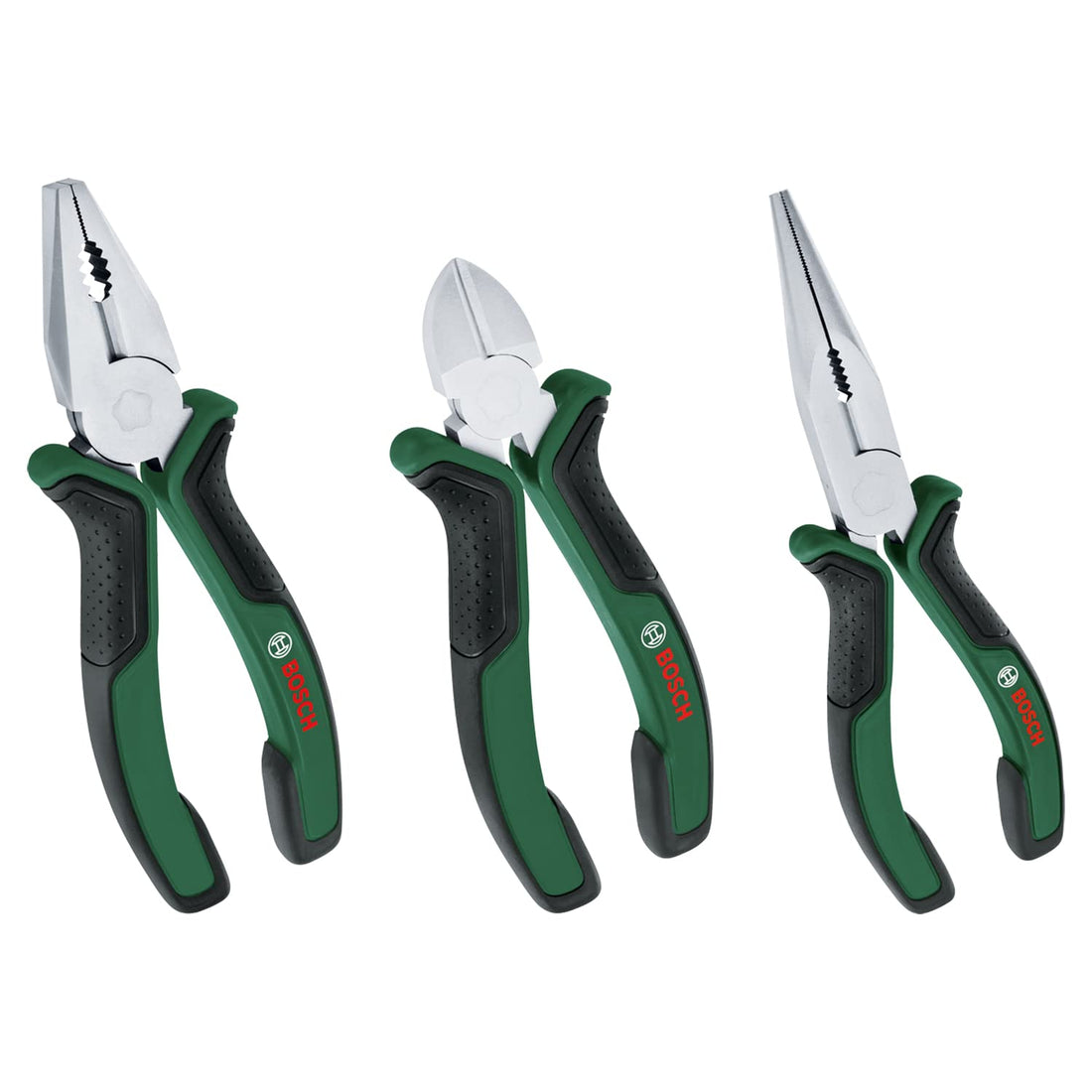 Bosch Home and Garden Pliers Set, 3 Pieces Combined Premium Quality, Durable and Precision, with Side Cutting and Long Nose Pliers, Ergonomic, Nickel-Chrome Matte Surface