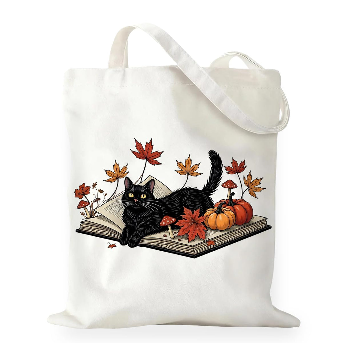 Black Cat Tote Bag for Women Cat Lover Pumpkin Fall Canvas Tote Bag