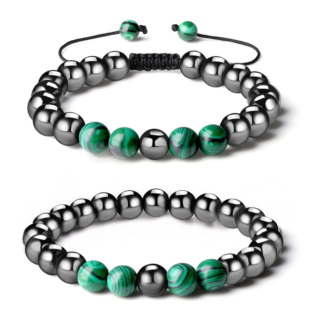 Mavis's Diary Hematite Magnetic Therapy Bracelet 2-Pack, Healing Crystal Natural Energy Stones Beaded Bracelet for Women Man Anxiety Stress Relief (Malachite Hematite)