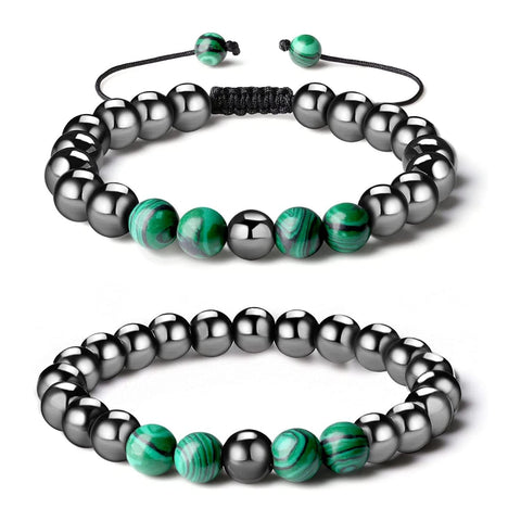 Mavis's Diary Hematite Magnetic Therapy Bracelet 2-Pack, Healing Crystal Natural Energy Stones Beaded Bracelet for Women Man Anxiety Stress Relief (Malachite Hematite)