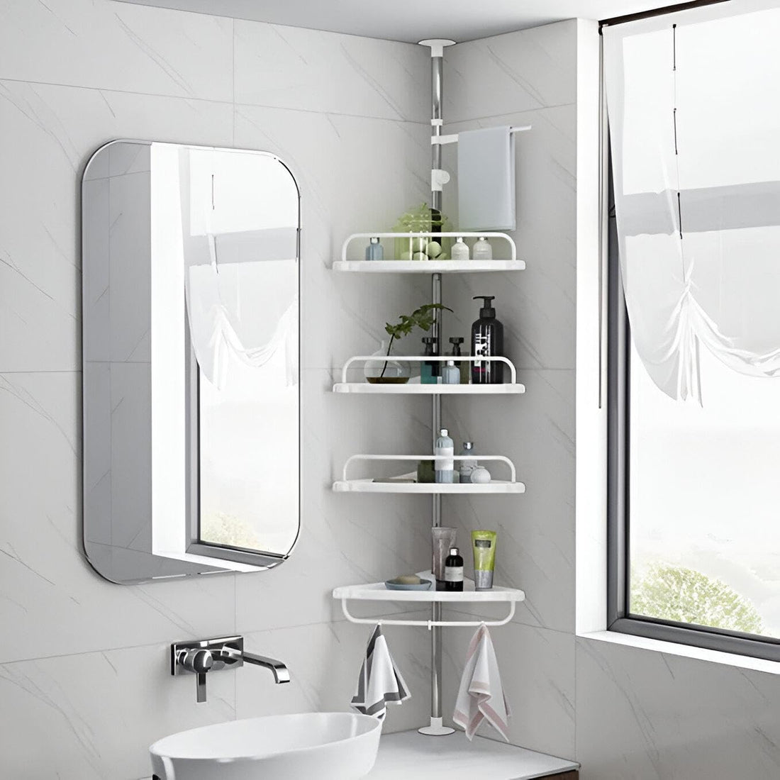 Stainless Steel Bathroom Corner Shelf Organizer - Features 4 Adjustable Shelves for Perfect Space Management (Stainless Steel Pole + 4 Levels + Movable Towel + 3 Hooks) Holds up to 16kg