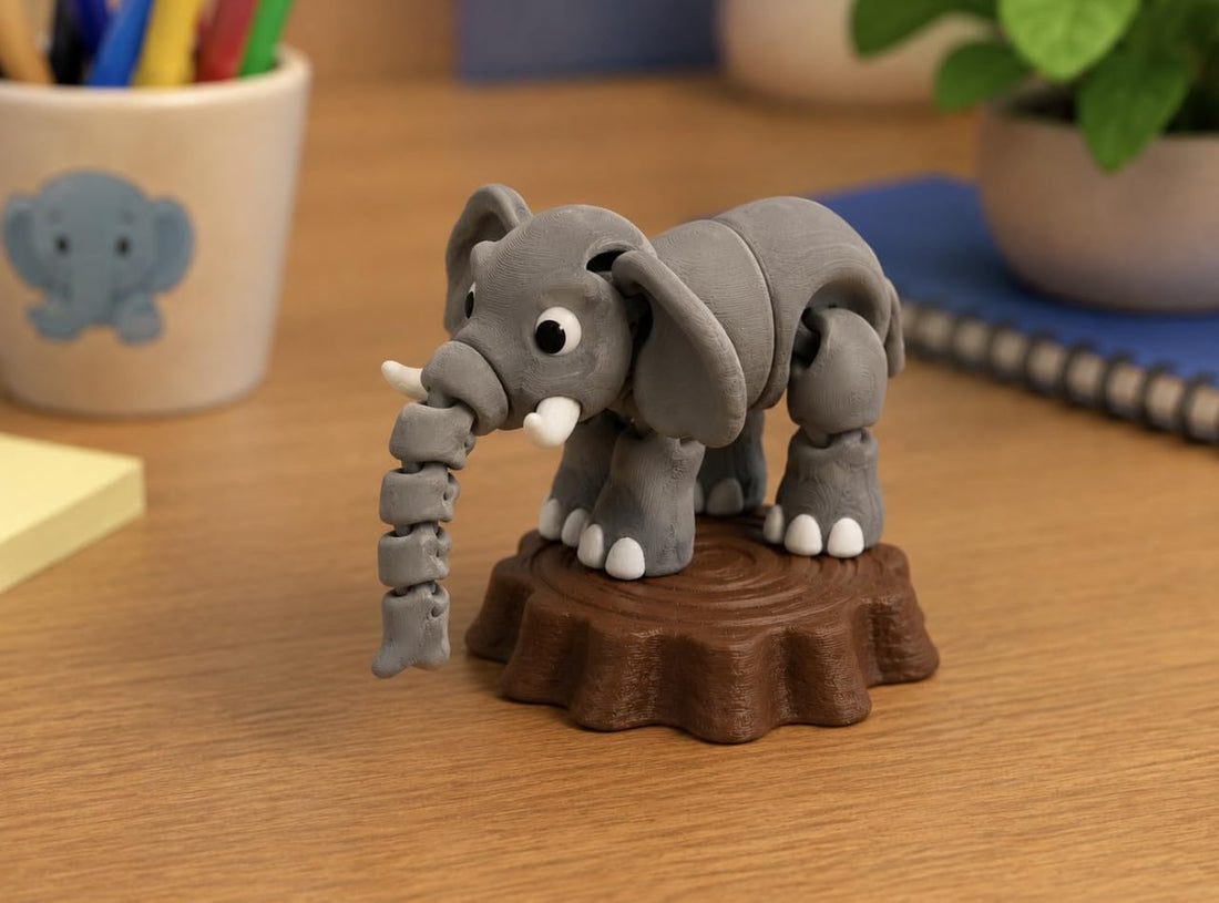 Downtown 3D Printed Articulated Elephant Desktop Decoration, Tree Stump Base Figure for Office, Shelf and Desk Decor