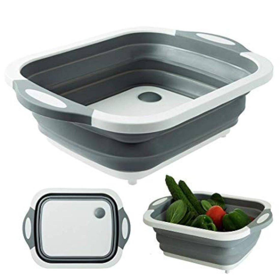 Folding Cutting Board with Basket | Collapsible Dish Tub with Draining Plug | Colander Fruits Vegetables Wash and Drain Sink Storage Basket 3-in-1 Food Grade Plastic Chopping Board