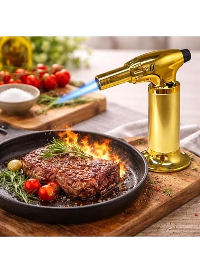 Professional Culinary Kitchen Blow Torch Gold Color Jet Flame Butane Lighter With Safety Lock Adjustable Flame Refillable Design For Cooking BBQ Dessert (Gas Not Included)