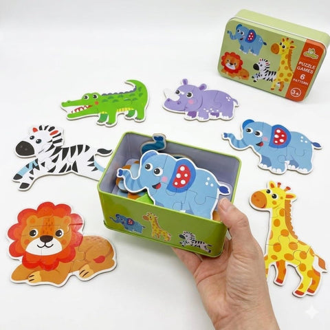 Toddler Puzzles in Tin Box, Educational Preschool Jigsaw Games for Kids Ages 3-5, Montessori Learning Toys for Boys and Girls, Animal Dinosaur Vehicle Themes (Zoo Animals)