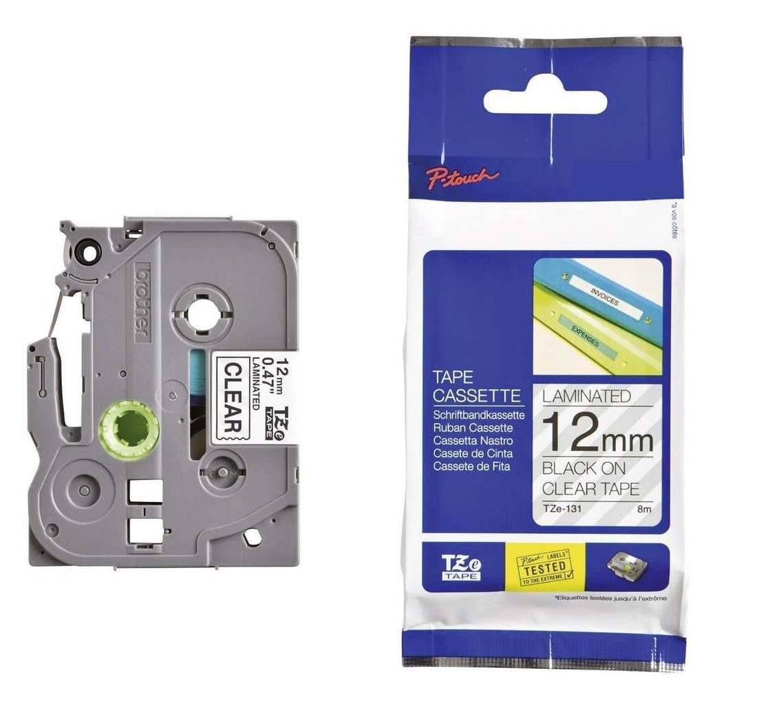 Clear Label Tape TZE, 12mm x 8m, Black on White, Compatible with B-rother TZ 131 TZe 131