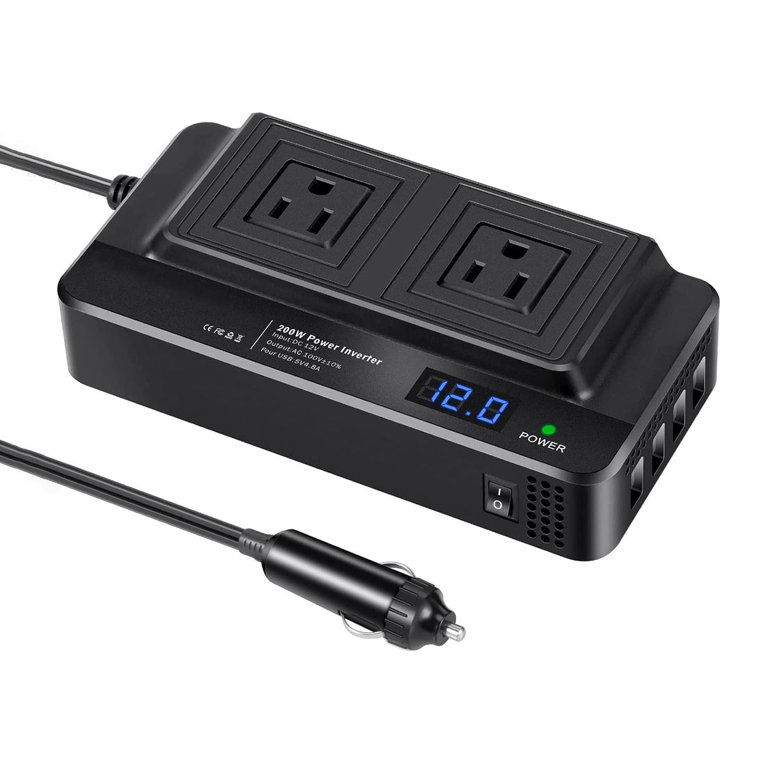 Ipega Eacam 200W Car Power Inverter DC 12V to 220V AC Car Inverter 4 USB Ports Charger Adapter Car Plug Converter with Switch and Current LCD Screen