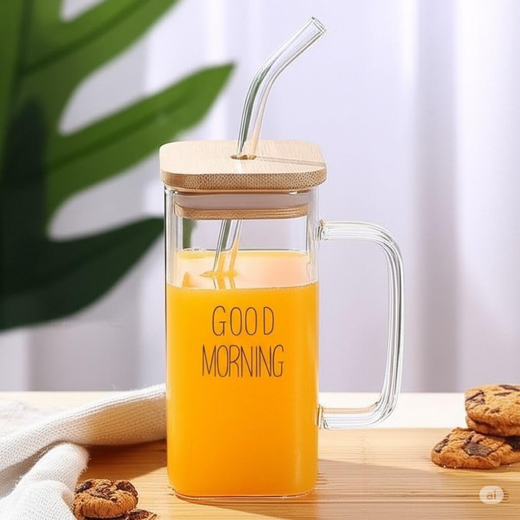 Square Glass Tumbler for Iced Coffee, Cold Drinks, Ice Coffee with Glass Shalemo and Ergonomic Handle - Transparent Glass Mug with Modern Design Multicolor