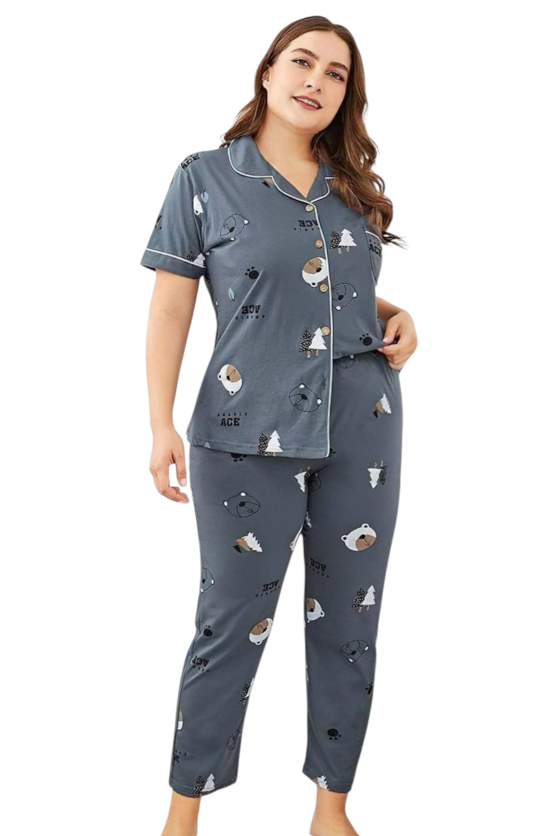 Womens Summer Plus Size Pajama – 2 Piece Grey Teddy Bear Print T-Shirt & Wide Pants | Soft and Comfortable Sleep Set Up to 85K