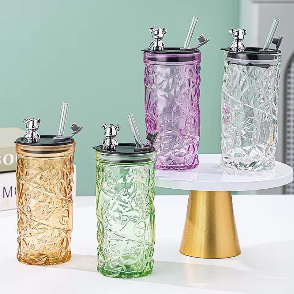Circle M 350ml Yellow Glass Tumbler: Straw & Lid Iced Coffee Mason Jar