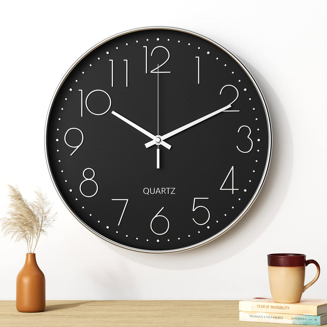 Uootach Wall Clock, 30 cm (12 Inches) Modern Silent Wall Clock, Quartz Movement, Minimalist Design in Black, for Living Room, Kitchen, Office, Bedroom (Silver Character)