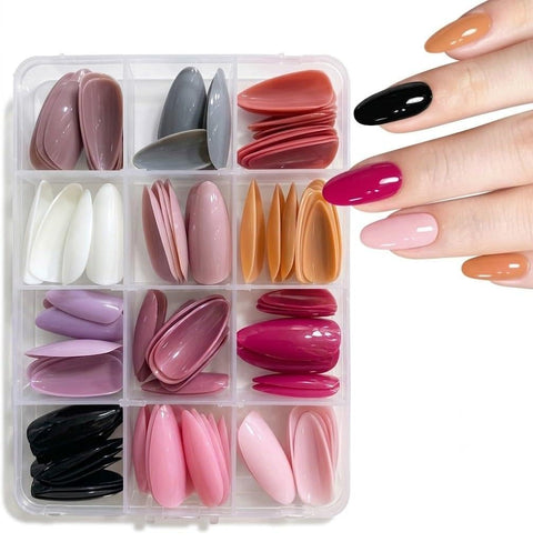 144pc Colored Stiletto False Nails Full Cover Soft Gel Acrylic Tips Pointy Fake Nail Artificial Fingernails Manicure Designs Decor for Women Girls Home Salon DIY. (12 COLOR-) - OVAL SHAPE-