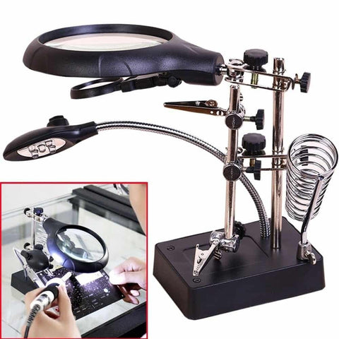 Helping Hand Magnifying Glass Soldering Stand with 2.5X/7.5X/10X Lens, 5 LED Lights, Adjustable Clamps, AC/DC Power for Electronics Repair and PCB Work tool