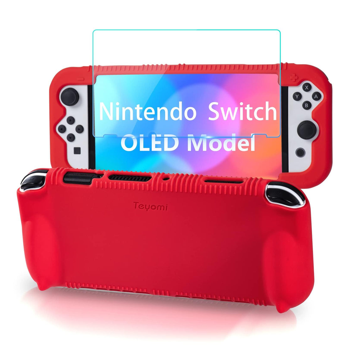 Teyomi Silicone Case Compatible with Nintendo Switch OLED Model 2021, Shockproof Protective Cover with Tempered Glass Screen Protector, Ergonomic Grip Case for Switch OLED, 2 Game Cards Slots (Red)