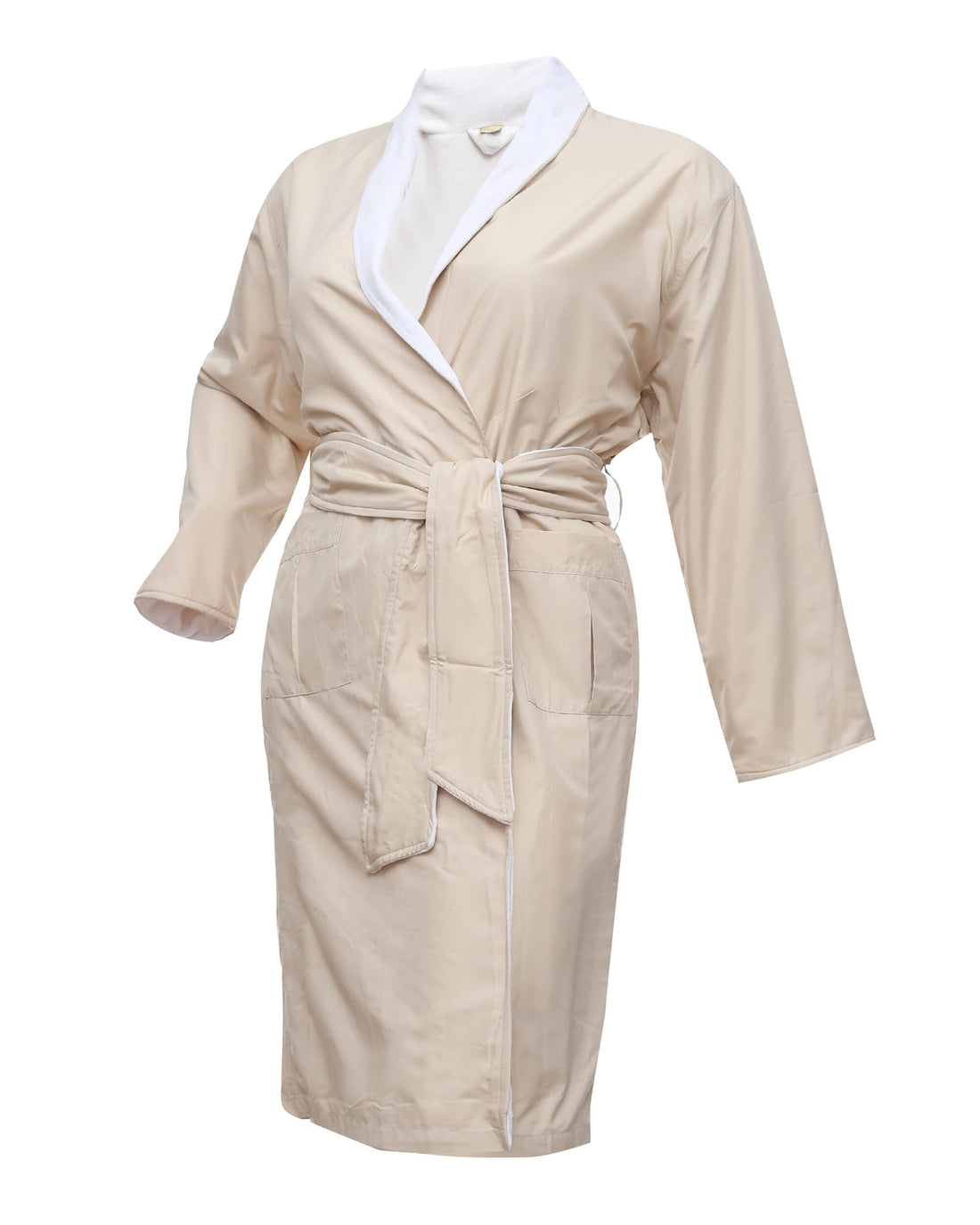 Microfiber Bath Robe for Unisex, Large, Beige/White