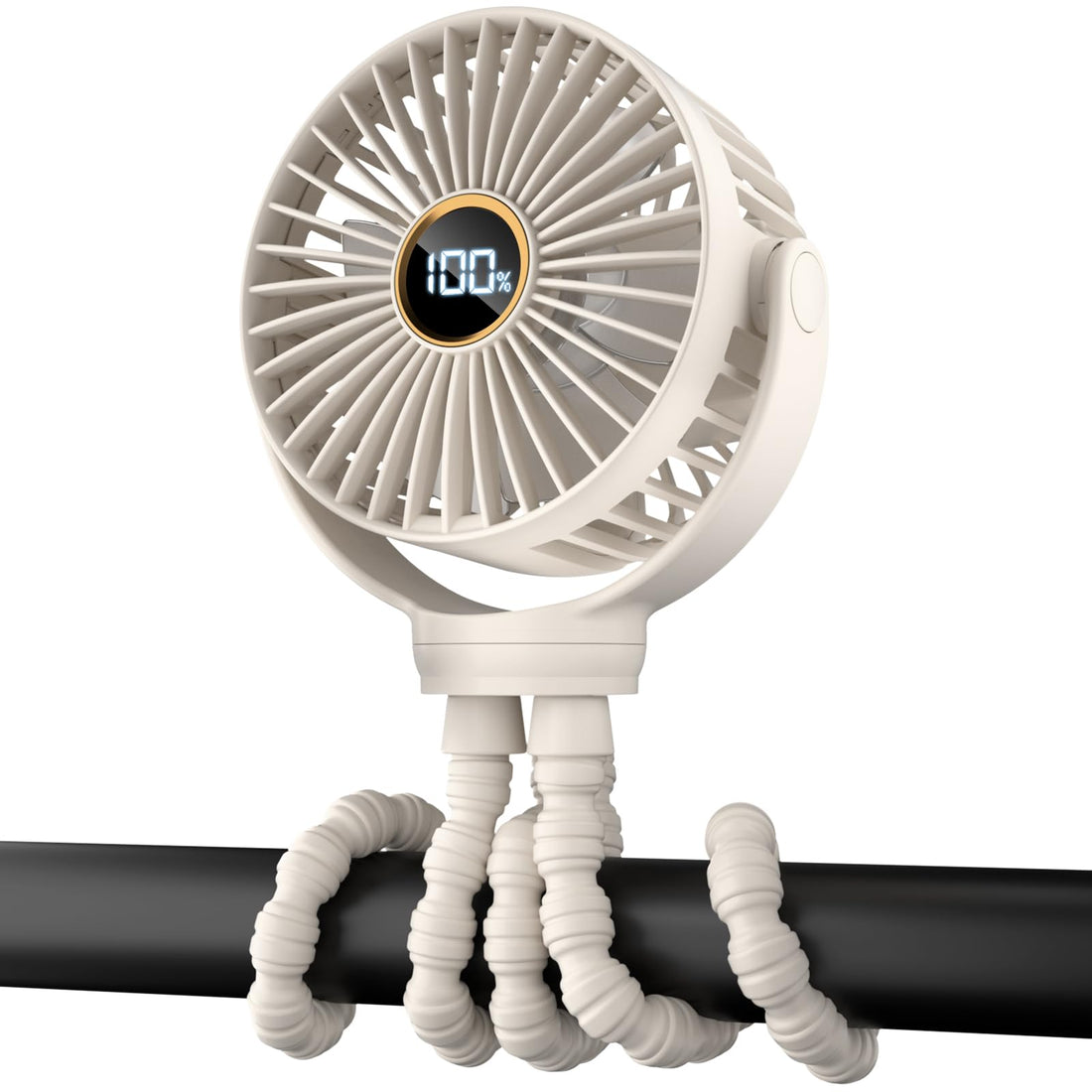 buywoo 3.5" Battery Powered Baby Stroller Cooling Fan, 3-Speed Rechargebale Tripod Fan with 360 Degree Rotation, Quiet Portable Fan with LED Display, Great for Car Seat, Crib, Bike, Treadmill, Beige